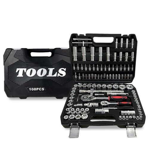 BM TOOLS Coffret Kit Outils 108 pcs BMT-108-PCS Clé à Cliquet Douille Acier Vanadium Douilles, Mécanicien, Garagiste, Bricoleur