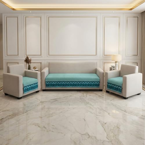 Image of Velvet Quilted Sofa Cover Mat Seat & Back, 3+1+1 Set, Total L115in H32in (3+1+1), Italian Blue Color,Anti Skid Backing, 6in Hanging Strap Design, was, Style -ItalianBlue-S311
