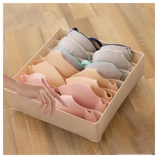 Bra Storage Organizer Box with Dividers, Foldable Underwear Organizer for Closet, Fabric Lingerie Storage with Compartments for Drawer and Closet Organization (Beige, 7Grids)