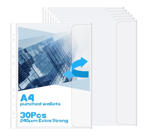 30er Dokumentenhüllen A4 mit Klappe 240 Klarsichthüllen a4 Seitlich Offen Prospekthüllen Glasklar Extra Stark Klarsichtfolien Transparente mit 11 Lochung zum Abheften Papier Fotos Dokumenten