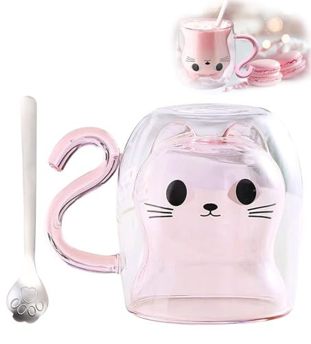 O³ Tasse Chat Rose, Tasse à cafe Double Paroi 250ml, Mug pour infusion, thé, Latte Macchiato, cappuccino - Cadeaux Noël, Valentin, Anniversaire femme, homme, Maman, Amie (RoseVerre)