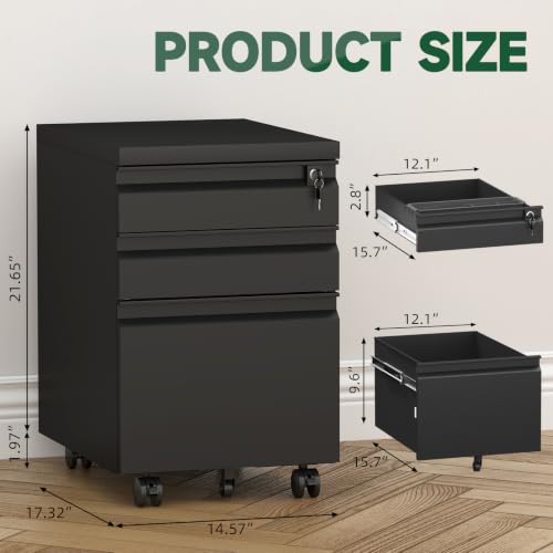 Image of Filing Cabinets for Home Office, Printer Table with Caster, Lockable Office Cabinet with 3 Drawer, Small File Cabinet for Letters /A4, No Assembly Required, Black