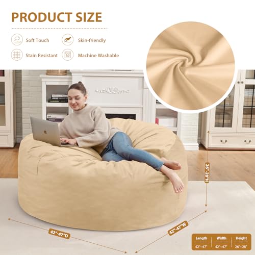 4FT Bean Bag Chair, Large Bean Bag Chairs with Memory Foam Filled, Fluffy Beanbag Sofa with Dutch Velvet Cover, Round BeanBag Chairs for Living Room, Playroom - Khaki