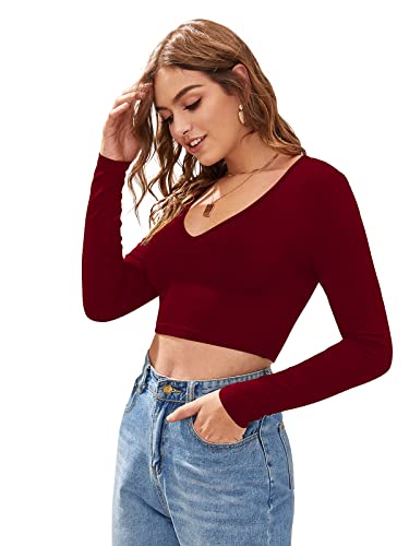 Image of LONDON BELLY Women's Polyester Crop Top with V Neck Full Sleeves Solid Pattern Regular Fit and Crop Length | Crop Tops for Woman | Women Chic Everyday Wear Top