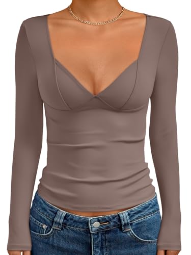 Trendy Queen Fall Outfits for Women Going Out Trendy Long Sleeve Shirts Fashion Clothing V Neck Basic Y2K Clothes Cute Shirt Corset Coffee Grey S