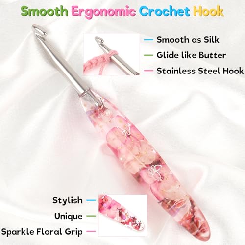 Image of Katech 6.5mm Crochet Hook for Arthritic Hands,Hand-Polished Stainless Steel | Ergonomic Crochet Hooks with Customized Sparkle Dried Floral Grip, Smooth Tapered Hook-Crochet Gift for Beginner & Crocheter