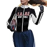 Design: Damen Langarm-Kurzmantel, Patchwork-Jacken, Sterndruck Reißverschluss Oberbekleidung mit 2 Reißverschlusstaschen, Mode Hip-Hop-Jacke, leichte Biker-Bomber-Jacken, Reißverschluss bis Langarm-Track-Jacke, Stehkragen-Rennmantel für Frauen.