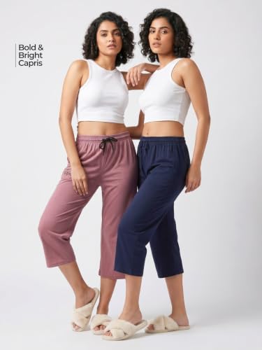Image of Fflirtygo Women's Cotton Plain Calf Length Capri | Nightwear Short Pyjama | 3 /4th Solid Pyjama Pant | Regular Fit Casual & Lounge Wear Capri Combo (Pack of 2)