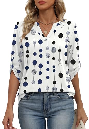 Image of XIEERDUO 3 /4 Length Sleeve Womens Tops V Neck T Shirts Both Side Buttons Blouses Business Casual Outfits Loose Fit
