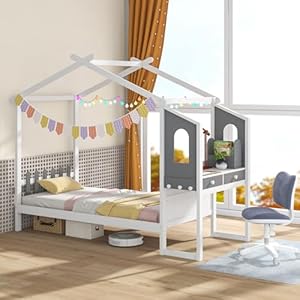 Komfott twin house bed with desk wood montessori bed frame with house roof canopy 2 drawers modern playhouse bed with fence for kids teens girls boys no box spring needed white gray  urban country home decor