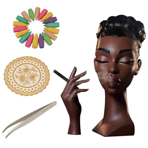 KHIEO Head Incense Burner Black Woman Black Women Incense HolderElegant Head Scents Burner Women Facial Decoration Waterfall Headscents Incense Holder for Home Desk Decor (A Normal)