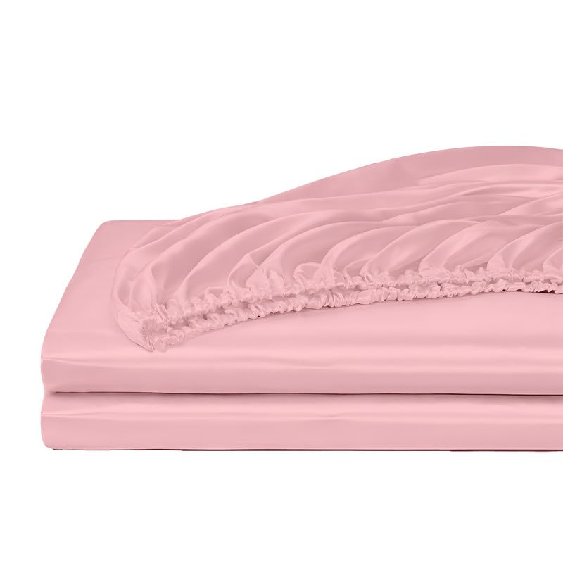 Image of Filbert - Premium Satin Fitted Bedsheet Single Bed (36x75 Inch) with 1 Pillow Cover | Hypoallergenic Breathable | Hair and Skin Friendly, Women Gift Choice|Baby Pink