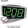 Sharp Home LED Digital Alarm Clock Swivel Base - Outlet Powered, Simple Operation, Alarm, Snooze, Brightness Dimmer, Big Green Digit Display, Silver Case