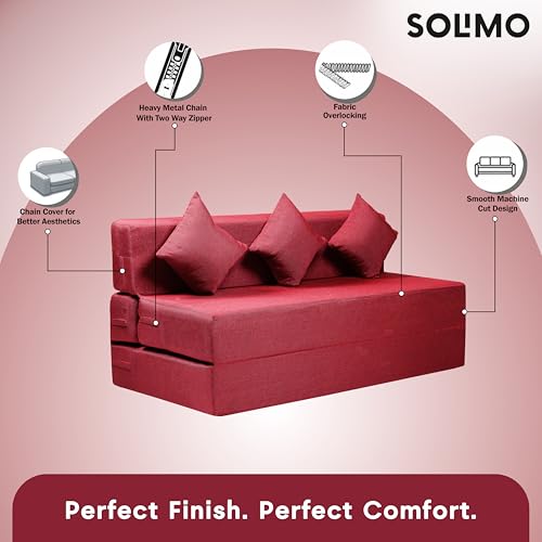 Image of Amazon Brand - Solimo 3 Seater 5 * 6 Jute Fabric Washable Cover Sofa Cum Bed with 3 Cushions 3 Seater Double Foam Fold Out Sofa Cum Bed (Finish Color - Maroon Delivery Condition - Pre-Assembled)