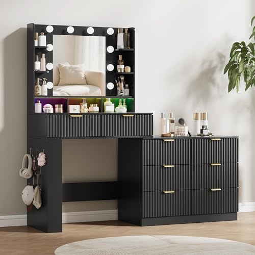 Image of Makeup Vanity Desk with Mirror and Lights, 57 inch Fluted Vanity Dresser Combo & Storage Shelves, Vanity Mirror with Mirror and Lights with 8 Drawers, 3 Color Modes, Dressing Table Set for Girls, Black