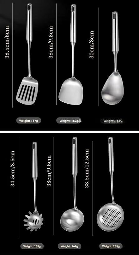 7 utensilios de cocina de acero inoxidable 316, espátula para freír, cuchara de sopa, cucharón, colador grande, espátula para freír, colador de pasta (plata, estante colgante de acero inoxidable 201)