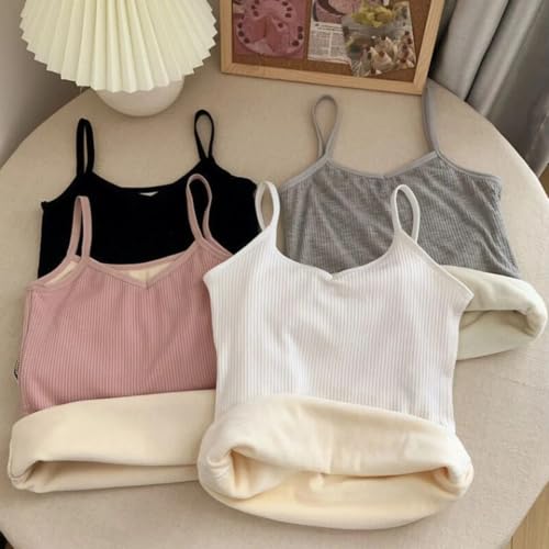 Image of Women's Thermal Fleece-Lined Ribbed Camisole Tank Top -School Girls Adjustable Spaghetti Strap Undershirt, Winter Warm Base Layer Cami, Soft Stretch Sleeveless Top