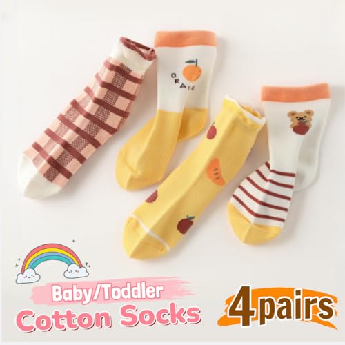 4 Pairs Toddler Baby Girl Boy Kids Socks, Cute Soft Cotton Crew Socks, 0~5T2
