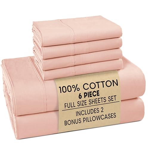 Casa Platino 100% Cotton Full Size Sheets Set 6 Piece Crisp Percale Full Size Cooling Sheets Lightweight for Summer with 15 Deep Pocket Fitted Sheet Nightly Comfort & Airy Sleep Veiled Rose