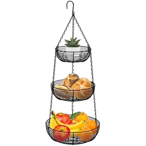 CAXXA 3-Tier Hanging Basket Fruit Organizer Kitchen Heavy Duty Wire Organizer with 2 Free Bonus Metal Ceiling Hooks, Black Cover