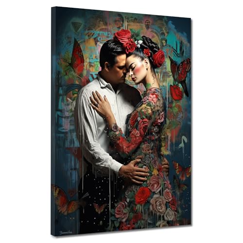 ARTEDinoi Moderne canvasafbeelding, Frida verliefd, omgeven door bloemen, wanddecoratie, afmetingen 75 x 100 x 2 cm