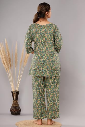 Image of Women Printed 1 top, 1 Pyjama Cotton KC316 Green 2 Night Suit Set