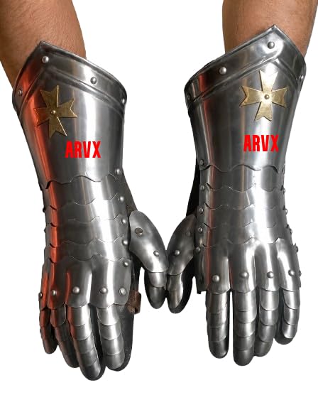 LARP Handmade Medieval Templar Cross Knight Crusader Gauntlet Gloves, Steel, Antique Finish, Adult, for Cosplay, Reenactment & Halloween Costume