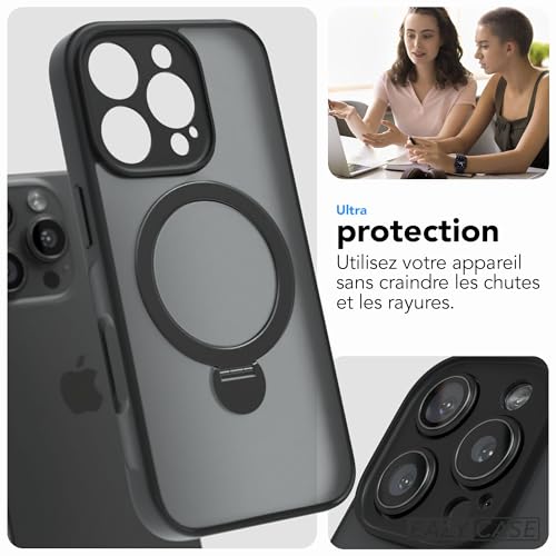 Coque iPhone 16 Pro noire mate haute résistance avec anneau de luxe