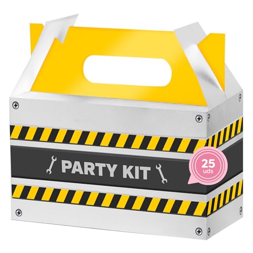 OH YEAH - 25 Cajas de Cartón para Chuches Construcción - 15 cm - Cajas para Chuches - Cumpleaños, Comuniones, Regalos Infantiles - Cajas Regalo Fiesta Infantil - CAJA CHUCHES