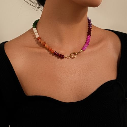 Colorful Beaded Gemstone Necklace for Women Colorful Gemstone Necklace 5 * 8mm 14K Gold Plated Boho Style Summer Handmade Jewelry Gift3
