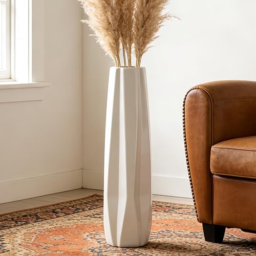 GDSZJLJ White Tall Ceramic Floor Vase, 28 Inch, Faceted Design, Large Decor