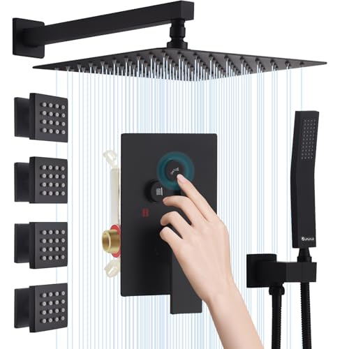 Image of Shower System with Body Jets, Oupukle Black Shower Jets System with Push Button Diverter, Wall Mounted 10 inch Rain Shower Head with 4PCS Body Jets and Handheld Shower Faucet Sets Complete, Rough-in Valve