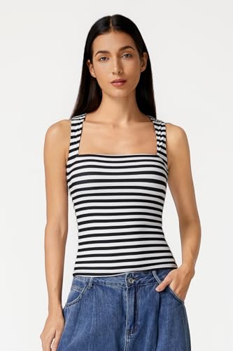 Image of QINSEN Women's Square Neck Sleeveless Double-Layer Tank Tops Basic Tight T Shirts