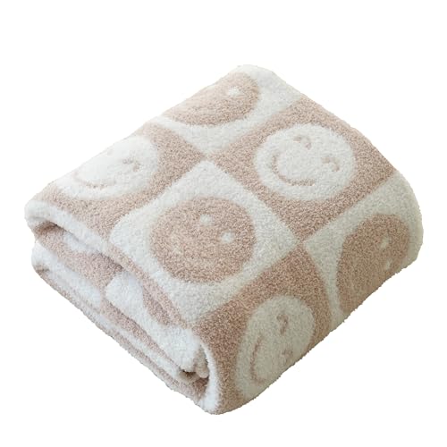 Ultra Soft Cozy Happy Smiling Face Checkered Knitted Throw Blanket Fluffy Microfiber Checkerboard Bed Blanket Lightweight Both Sides Blanket for Couch Sofa Bed (Smile Cream Throw 50x60)