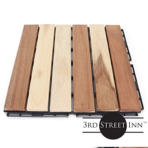 Deck Tiles - Patio Pavers - Acacia Wood Outdoor Flooring - Interlocking Patio Tiles - 12"x12" (20 Pack) - Natural Acacia Finish - Straight Pattern Decking - Thumbnail 4