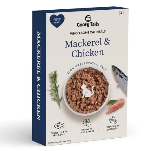 Image of Goofy Tails Mackerel and Chicken Wet Cat Food and Kitten Food, 420g (70g X 6 Pouches), Preservative Free, Gluten & Grain Free, Balanced Cat Wet Food, Powered by Taurine with Omega 3 & Antioxidants