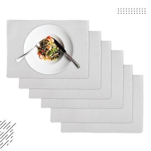 Image of Encasa XO Dining Table Mats Set of 6, Ribbed Cotton Table Mat 48x32 cm | Handmade Heat Resistance Table Placemats, Non Slip, Washable & Durable Place Mat for Centre Table, Living Room Light Grey