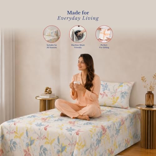 Image of Jaipur Weaves Single Bed Cotton Bedsheet with 1 Pillow Cover, 100% Pure Cotton Single Bedsheet 60x90 Inches, 240 TC Soft Breathable Floral Bed Sheet - (Orange Floral, Single)