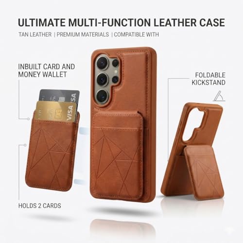 Image of amazon basics Premium Vegan Leather Back Cover with Card Holder and Integrated Mobile Stand for Samsung Galaxy S25 Ultra 5G - Slim Shockproof Wallet Case with Geometric Stitching [Tan]