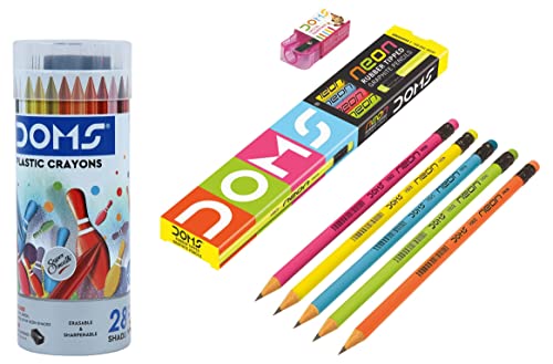 Image of Doms Plastic Crayon 28 Shades Round Tin Neon Pencil Nrt 10 Pcs