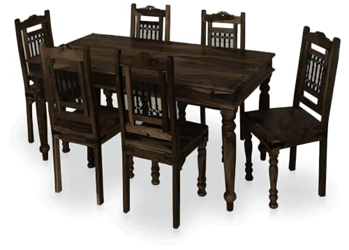 Image of Loonart Solid Sheesham Wood 6 Seater Dining Table Set | Traditional Solid Wood Dining Table with Chairs | Handmade Furniture for Home Kitchen & Dining Room (Premium Walnut Finish) |