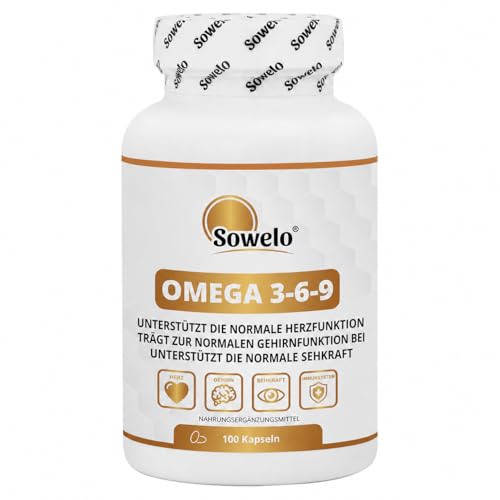 Omega 3-6-9 180 mg EPA + 120 mg DHA Leinöl + Sonnenblumenöl + Fischöl Mit natürlichem Vitamin E Für Herz Gehirn & Immunität 100 Softgels EU-Herstellung Sowelo