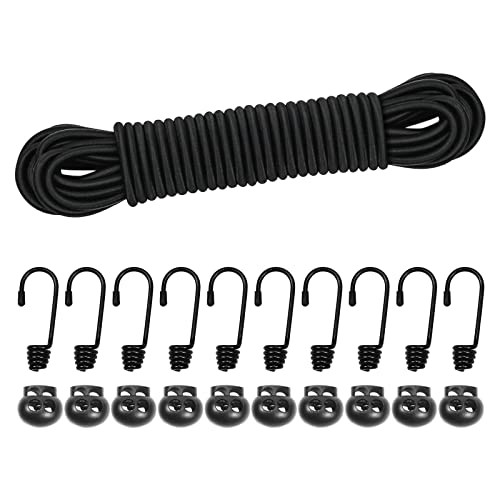 10M Elastic Cord, 1/5 Thick Shock Cord Heavy Duty 32Ft Elasticated Shock Cord Black Bungee Cords with Hooks and Spring Cord Lock for Caravan Cargo Craft Rack (5mm x 10M, Black)