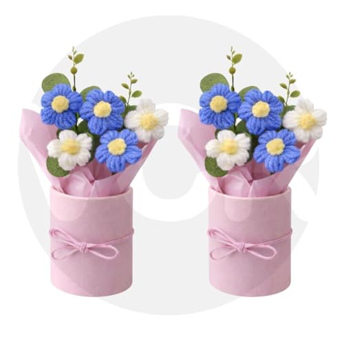 Image of VCR Handmade Blue Crochet Bouquet- Pack of 2 - Hand Woven Knitted Artificial Hand Knitted Bouquet Flower for Office Desk, Table, Car, Bedroom, Wedding & Special Occasions