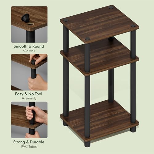 Furinno JUST Side Table, 3-Tier End Table, Open Shelves Night Stand, Bedside Table, Toolless Assembly, for Living Room, Bedroom, Bathroom, Columbia Walnut