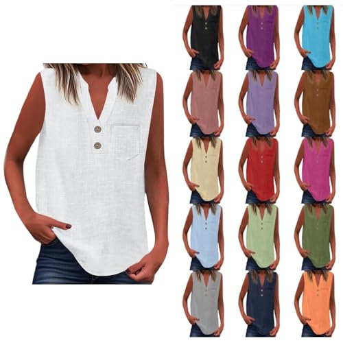 TianGiKi Casual Shirts for Women Plus Size Trendy V Neck Button Down Tank Tops Sleeveless Work Blouses Vintage Linen Shirt