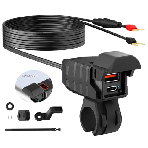 SOBMOTO Motorcycle USB Charger, Dual USB Type C 30W PD & QC 3.0 Motorcycle Phone Charger with Voltmeter & ON/Off Switch, Waterproof ATV/Motorcycle/Dirt Bike Charger for Phone, Tablet, GPS...