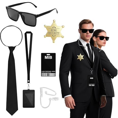 ELNLE Agent Kostüm Zubehör Set Spion Kostüm Zubehör Man in Black Kostüm mit Sonnenbrille Zip Krawatte Hörer ID Karte und Kartenhalter für Karneval Halloween Rollenspiel