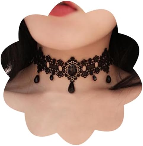 Black Lace Choker Gothic Necklace with Crystal for Women Halloween Party Custume Vintage Thick Choker
