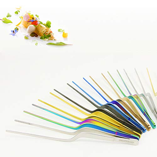 Creativechef 8 Inch Curved Stainless Steel Precision Kitchen Cooking Multi-Function Tweezers Culinary Offset Tweezer Tongs (Curved, Copper) #TOP2